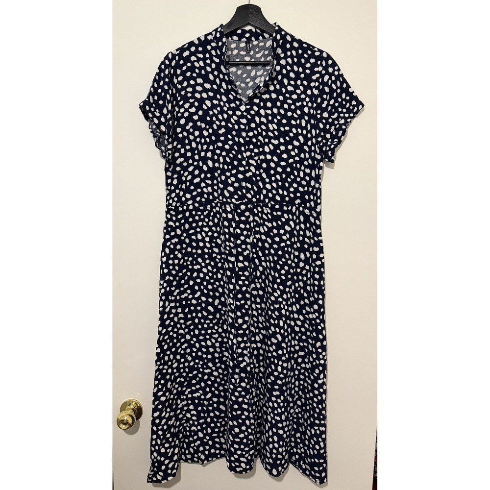 BROVAVE Navy Blue White Polka Dot Short Sleeve Midi Dress Button Front Size M